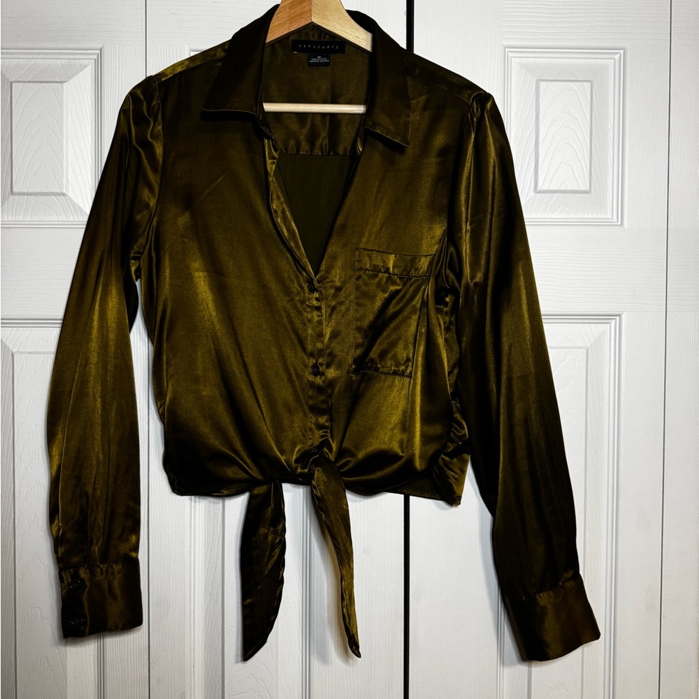 Sanctuary Olive Satin Tie-Front Blouse